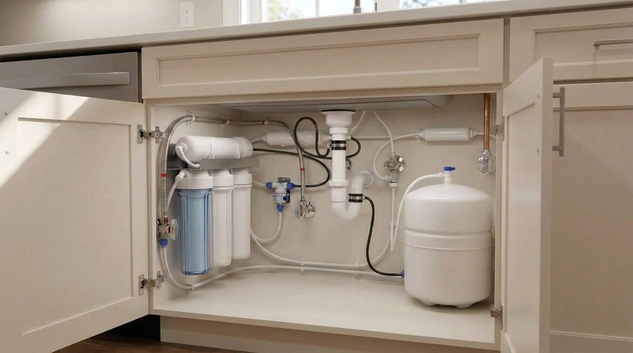 Under-sink reverse osmosis drinking-water system with filter housings and storage tank